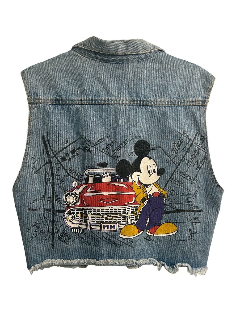 Disney Denim Vest with Mickey & Red Car Graphic Vintage 90s Raw hem Size S